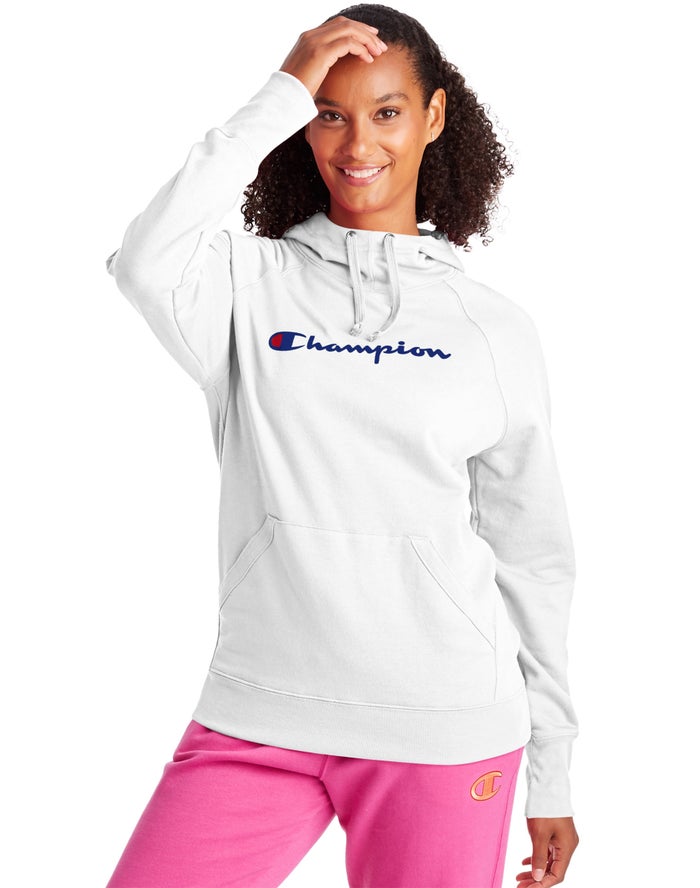 Champion Womens Hoodie NZ - Powerblend Fleece Script Logo White ( 8159-HFQBL )